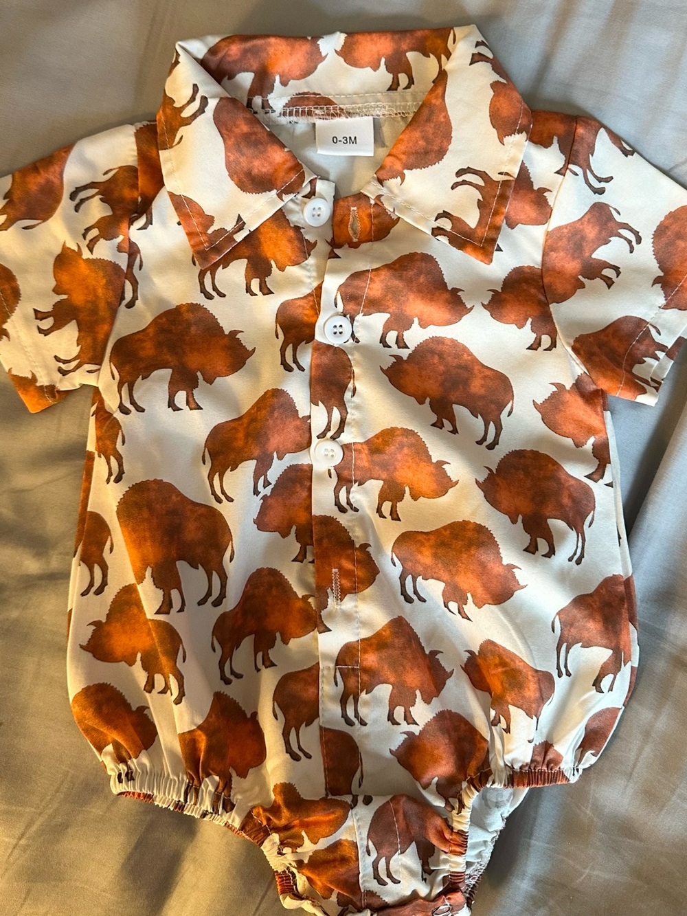 Infant Buffalo Print Button-Down One-Piece - White & Brown